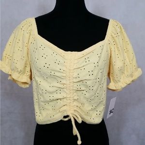NWT SO Brand Junior Plus Size 1X Summer Shirt Yellow Cinch Front Puff Sleeve Top